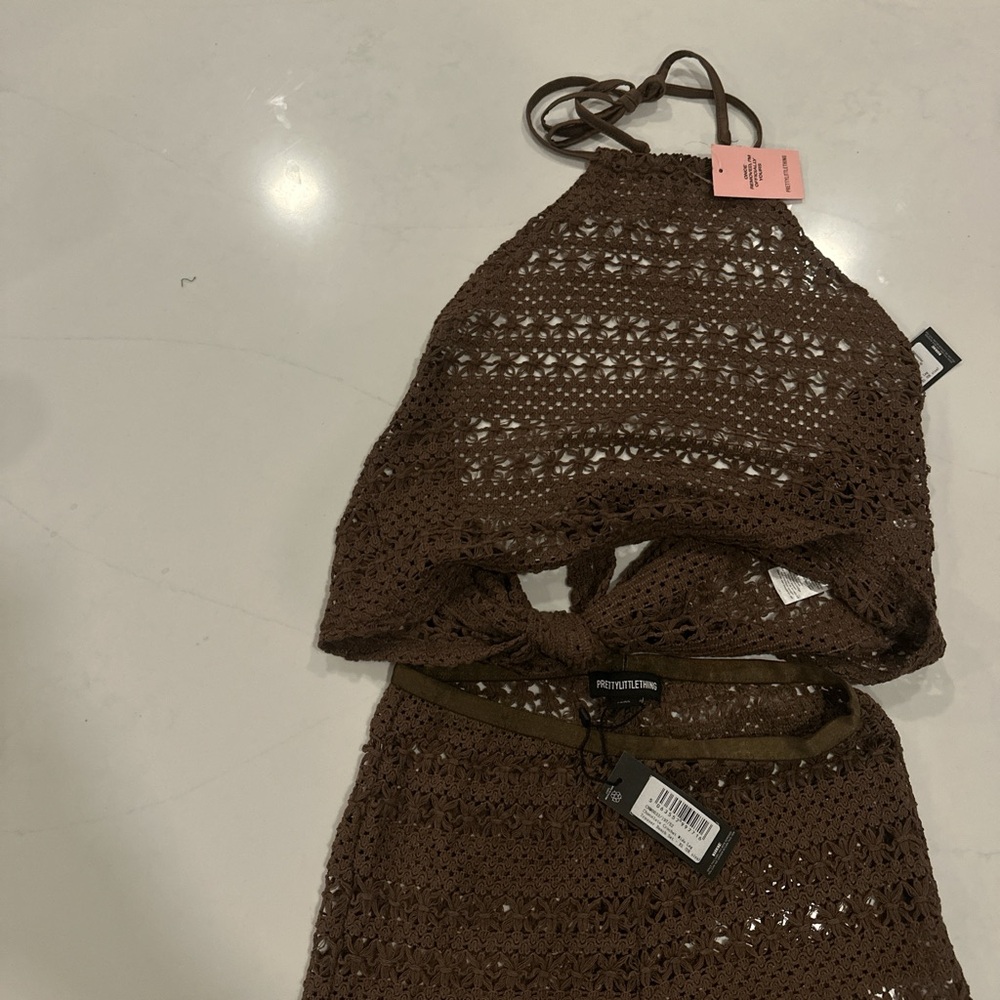 PrettyLittleThing Brown Crochet Halter Set